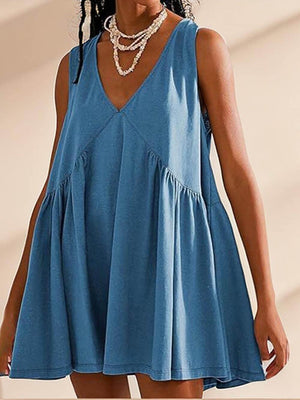 Aurohaya Deep V Wide Strap Mini Tank Dress Blue