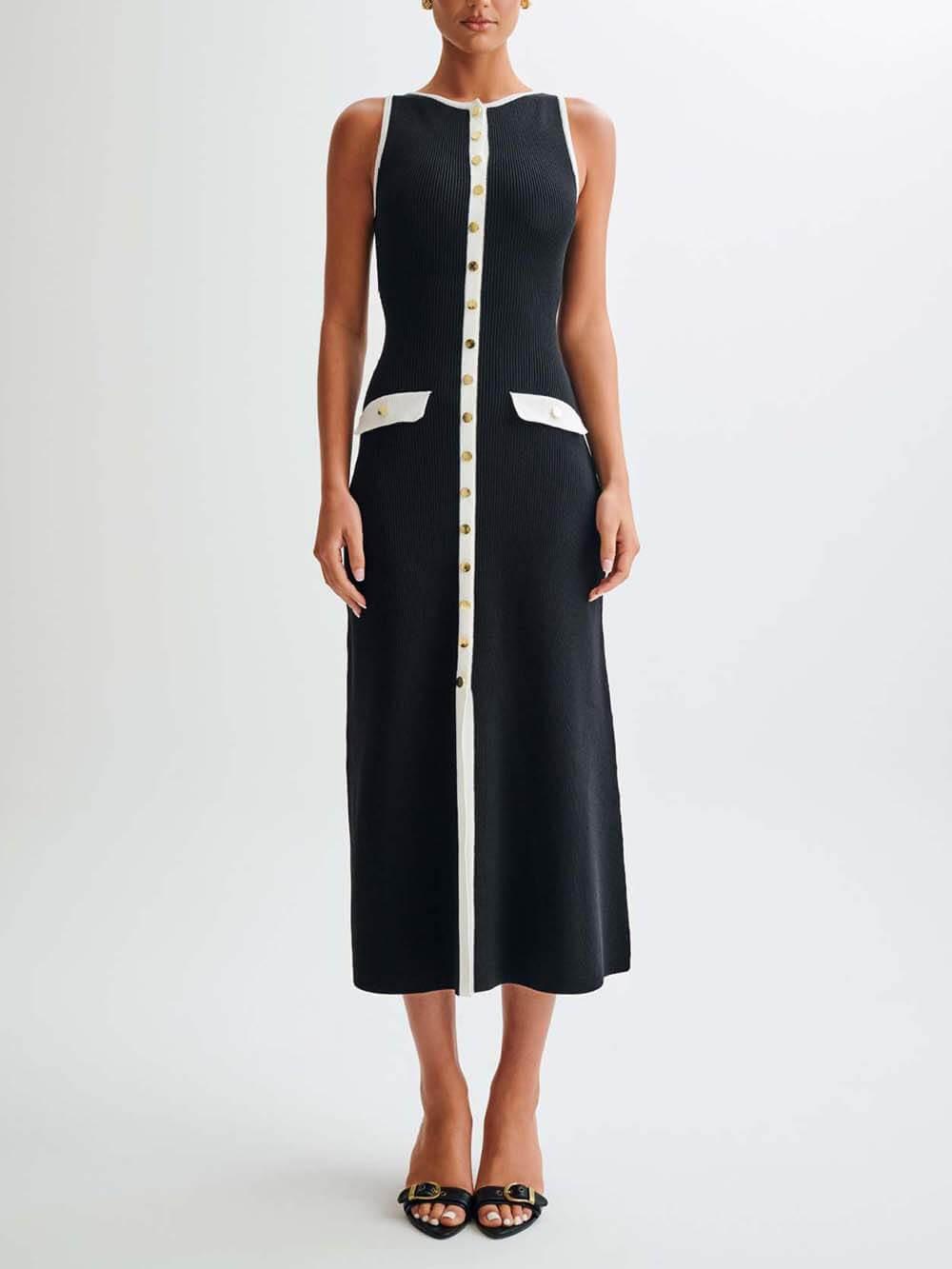 Aurohaya Elegant Crew Neck Buttoned Sleeveless Knit Midi Dress Black