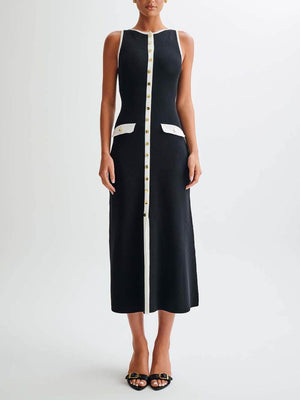 Aurohaya Elegant Crew Neck Buttoned Sleeveless Knit Midi Dress Black