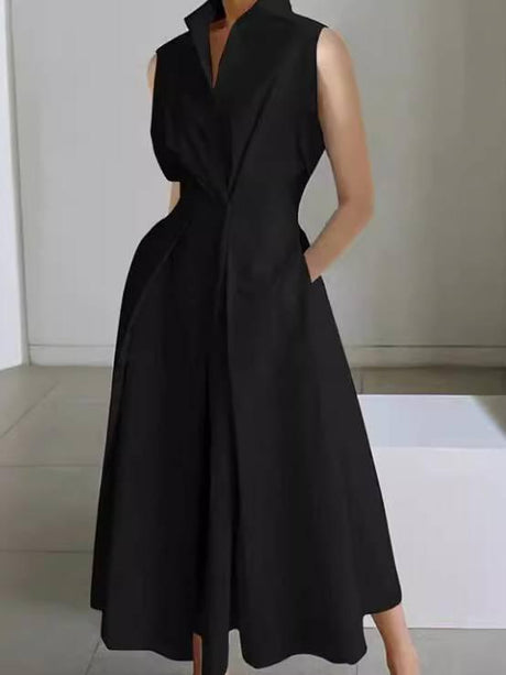 Aurohaya Vertical Collar V-neck A- Shaped Dress Black