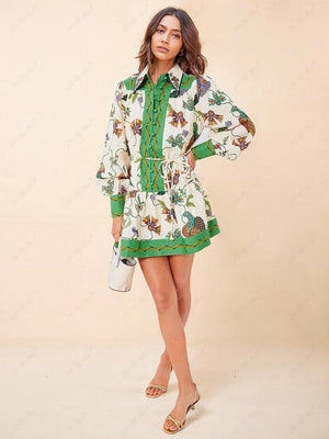 Aurohaya Unique Print Color Match Balloon Sleeve Shirt Mini Dress