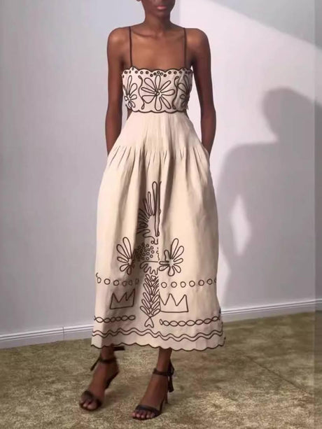 Aurohaya Printed Hollow Midi Dress Off White