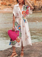Aurohaya Casual Positioning Print Loose Resort Shirt Midi Dress White