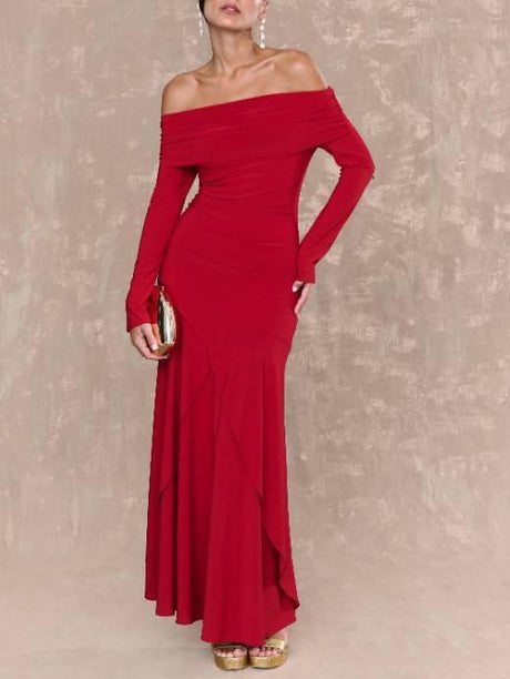 Aurohaya Off-shoulder Irregular Hem Maxi Dress