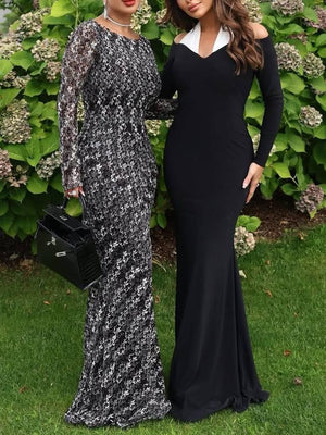 Aurohaya Contrast Color Halter Neck Off-Shoulder Slim-Fit Maxi Dress
