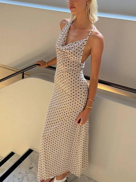 Aurohaya Polka Dot Suspender Irregular Swing Collar Dress