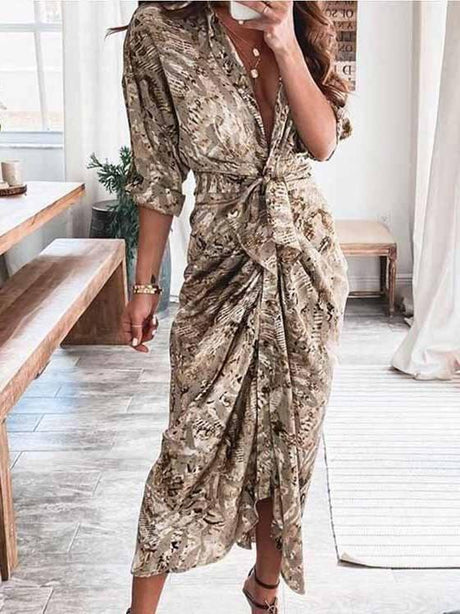 Aurohaya V-neck Pleated Strap Dress Khaki