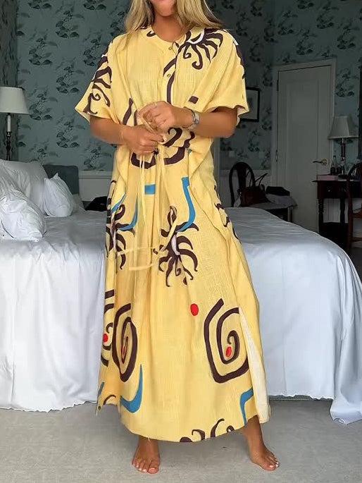 Aurohaya Unique Art Sun Floral Print Waist Tie Maxi Dress