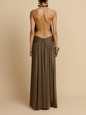 Aurohaya Sexy Open-back Pleated Low-waist Knitted Maxi Dress