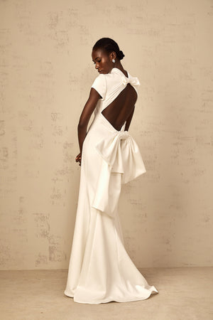 Aurohaya Camille White Statement Bow Mermaid Maxi Dress