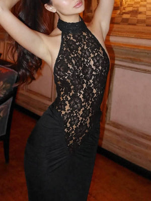 Aurohaya Off Shoulder Lace Splicing Design Maxi Dress