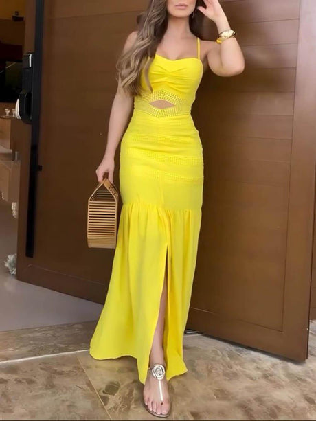 Aurohaya Exquisite Beautiful Essence Crochet Lace Patchwork Hollow Fishtail Maxi Dress Yellow