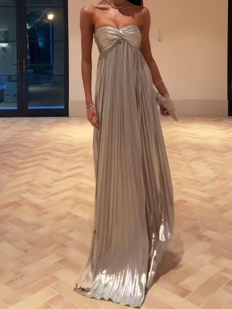 Aurohaya Metallic Pleated Off-The-Shoulder Maxi Dress