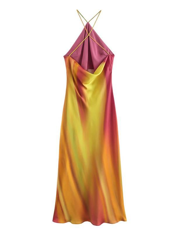 Aurohaya Satin Printed Backless Dress
