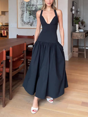 Aurohaya Exquisite Peplum Drop Waist Midi Dress Black