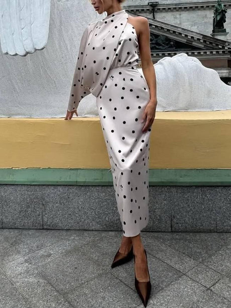 Aurohaya One-sleeve Asymmetrical Design Polka Dot Maxi Dress