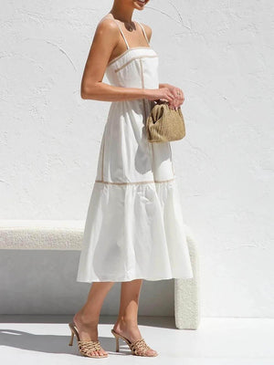 Aurohaya Contrast Color Trim Adjustable Straps Midi Dress