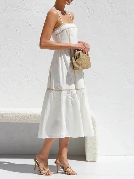 Aurohaya Contrast Color Trim Adjustable Straps Midi Dress