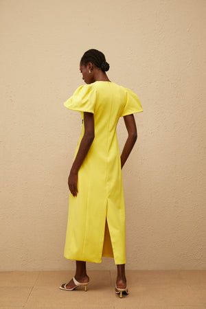 Aurohaya Yrjö Yellow Floral Embroidered Midi Dress