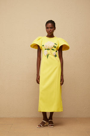 Aurohaya Yrjö Yellow Floral Embroidered Midi Dress
