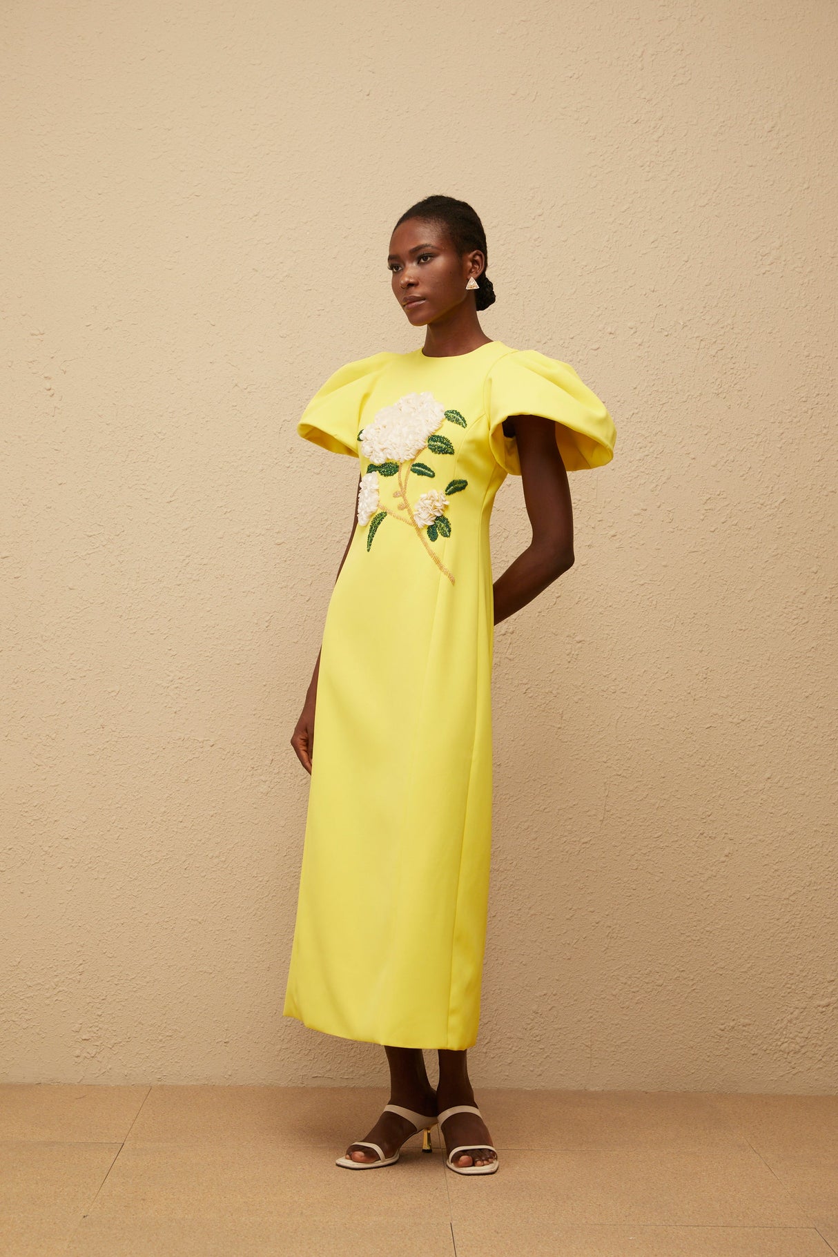 Aurohaya Yrjö Yellow Floral Embroidered Midi Dress
