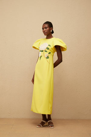 Aurohaya Yrjö Yellow Floral Embroidered Midi Dress
