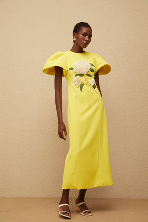 Aurohaya Yrjö Yellow Floral Embroidered Midi Dress