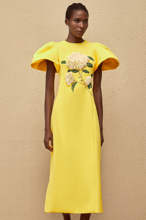 Aurohaya Yrjö Yellow Floral Embroidered Midi Dress