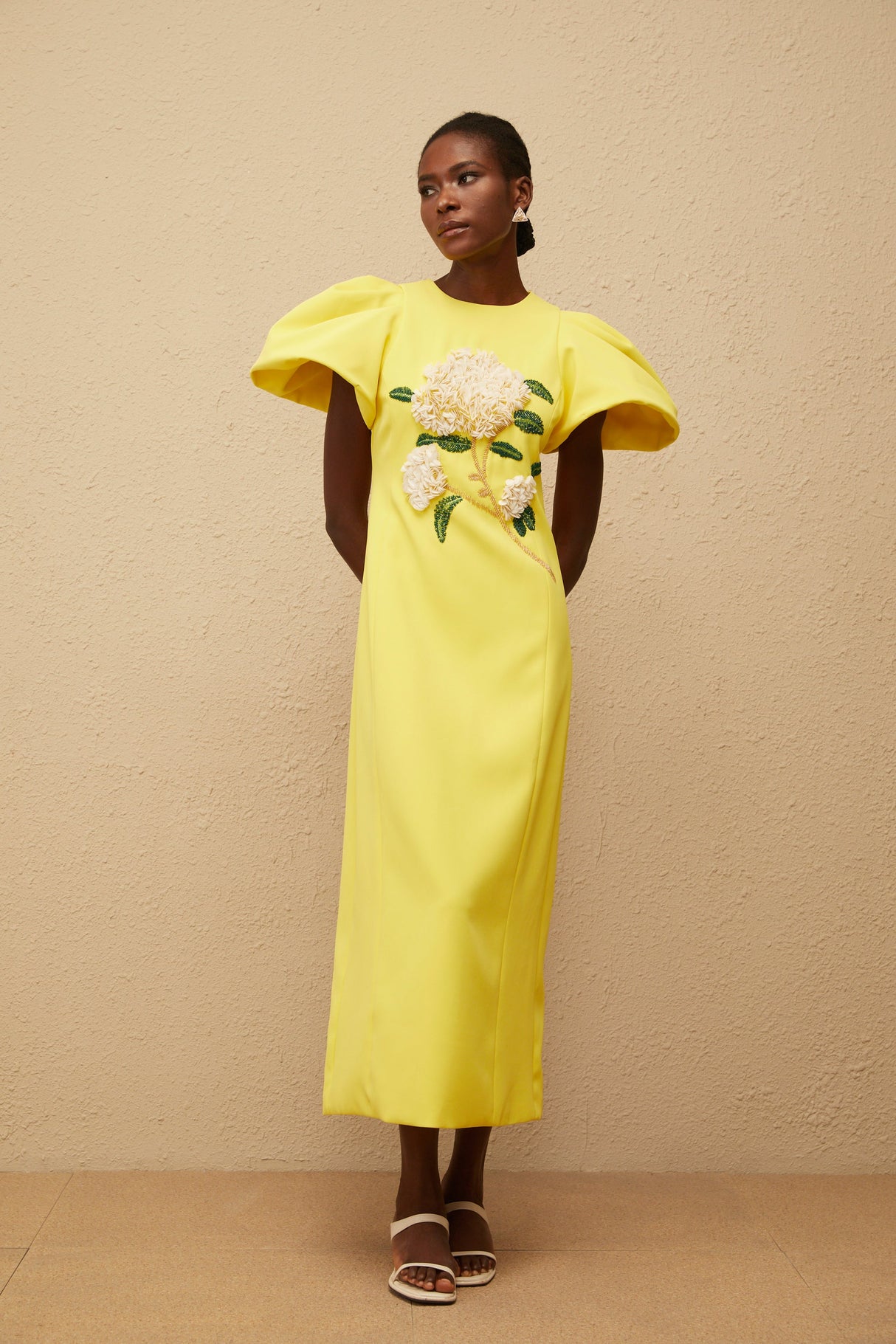 Aurohaya Yrjö Yellow Floral Embroidered Midi Dress