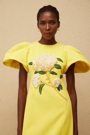 Aurohaya Yrjö Yellow Floral Embroidered Midi Dress