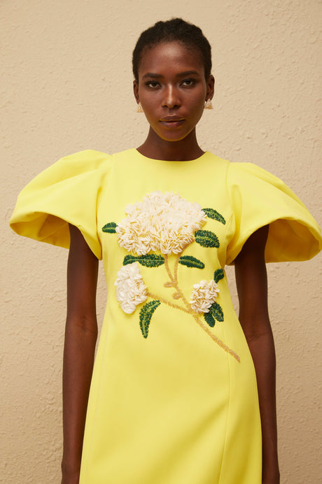 Aurohaya Yrjö Yellow Floral Embroidered Midi Dress