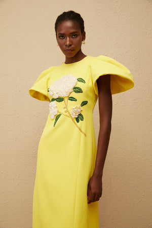 Aurohaya Yrjö Yellow Floral Embroidered Midi Dress
