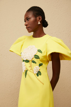 Aurohaya Yrjö Yellow Floral Embroidered Midi Dress