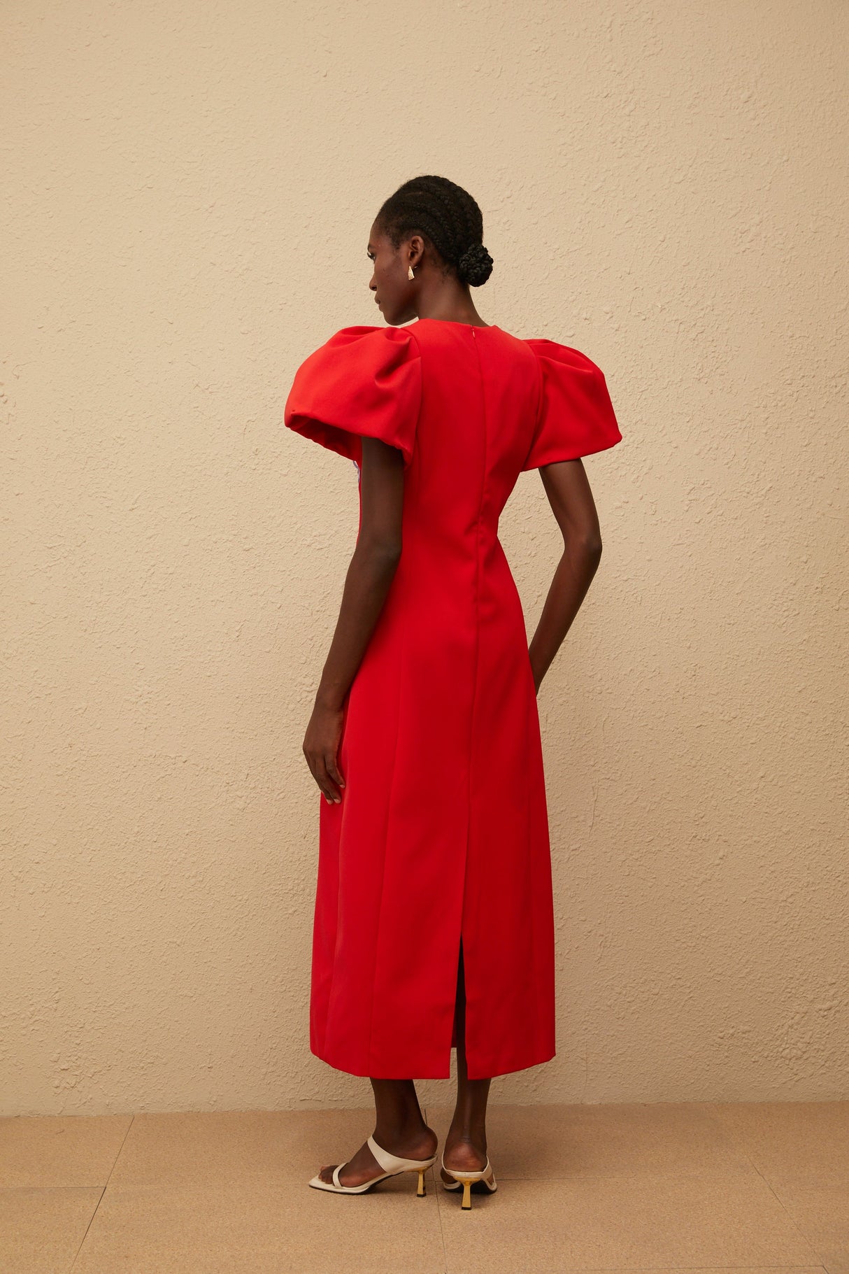 Aurohaya Irène Red Sequined Floral Embroidered Midi Dress