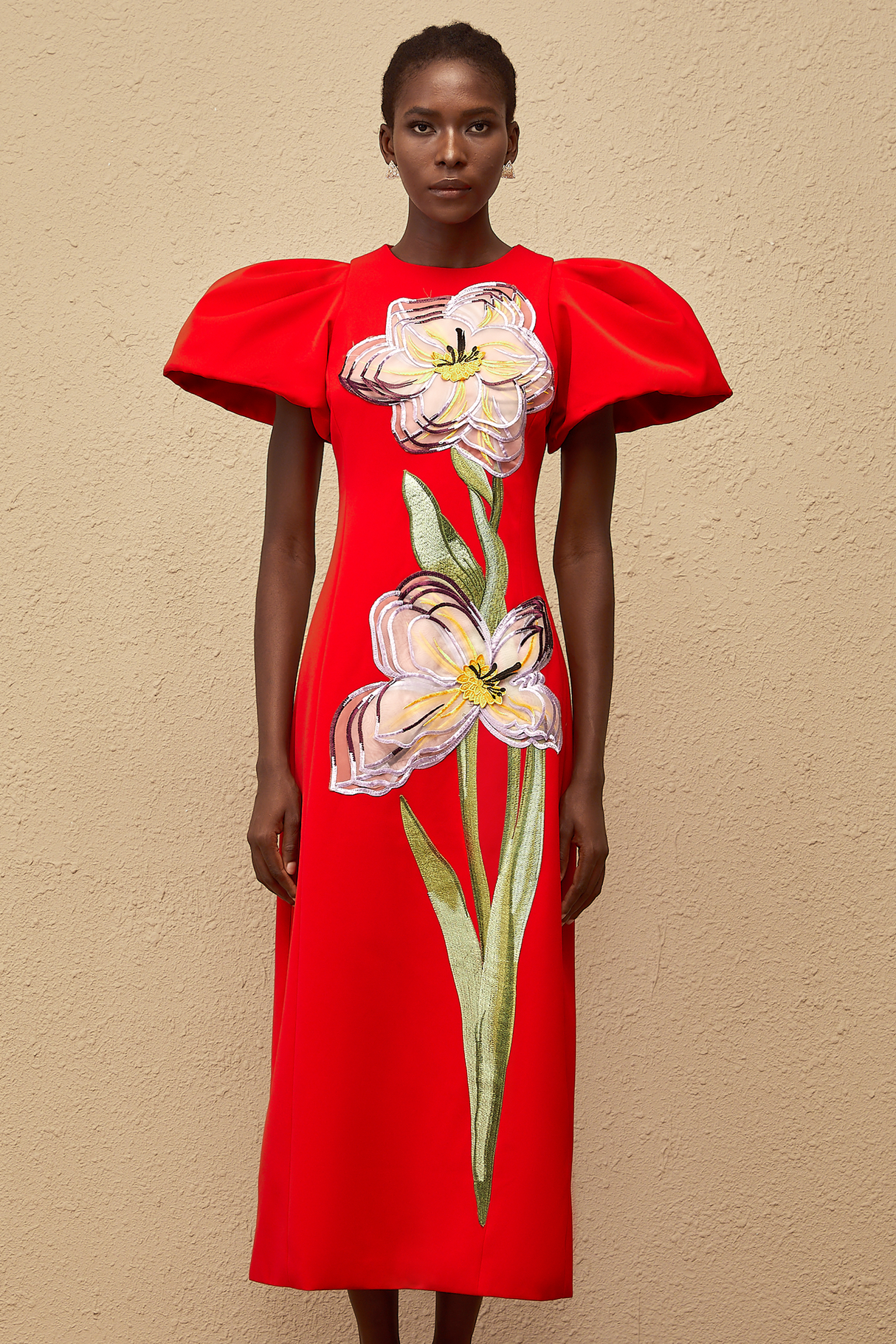 Aurohaya Irène Red Sequined Floral Embroidered Midi Dress