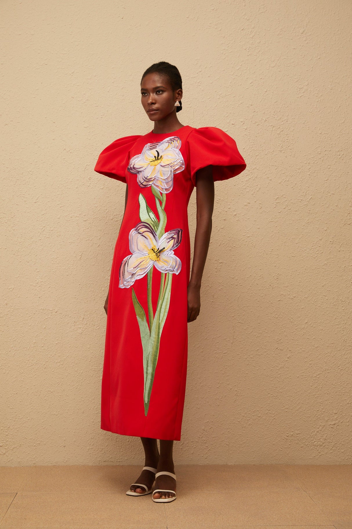 Aurohaya Irène Red Sequined Floral Embroidered Midi Dress
