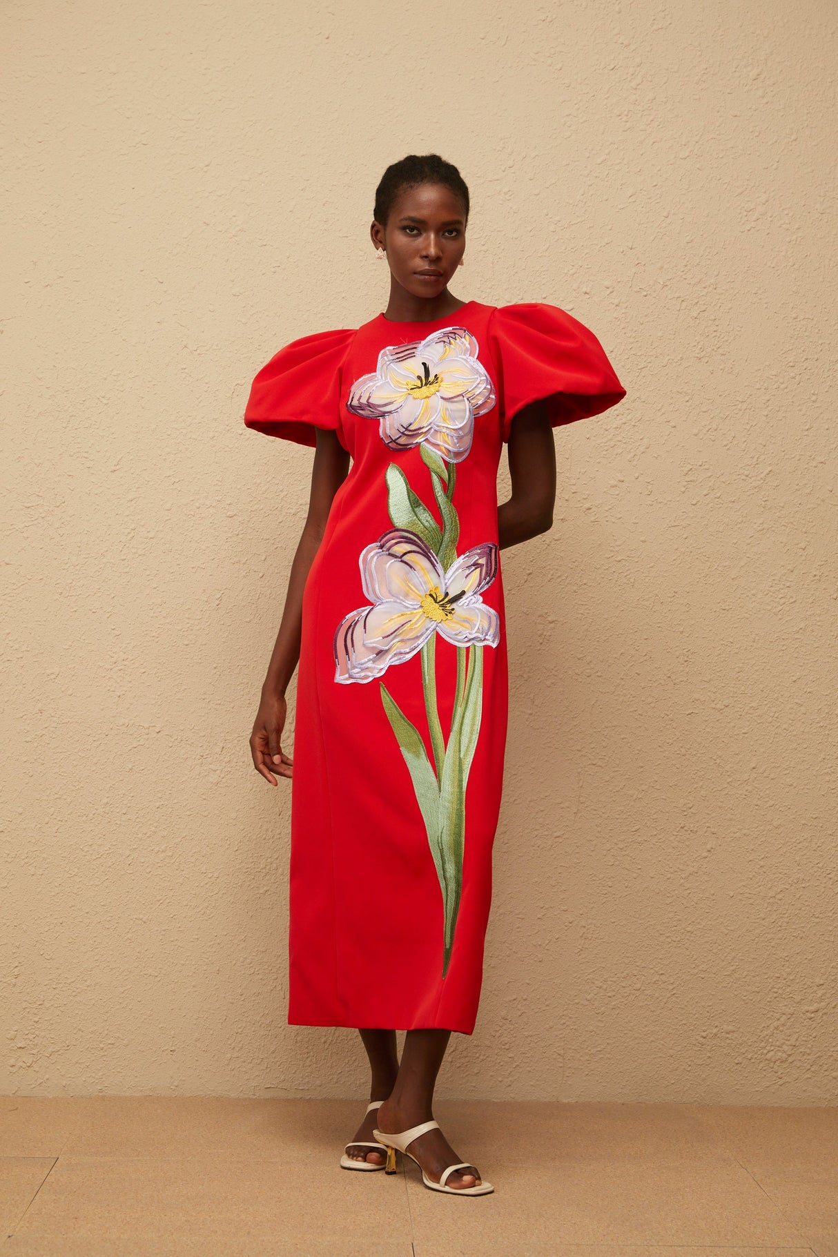 Aurohaya Irène Red Sequined Floral Embroidered Midi Dress