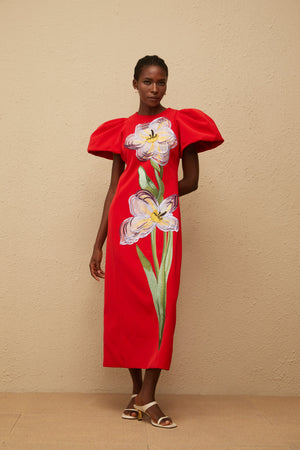 Aurohaya Irène Red Sequined Floral Embroidered Midi Dress