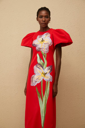 Aurohaya Irène Red Sequined Floral Embroidered Midi Dress