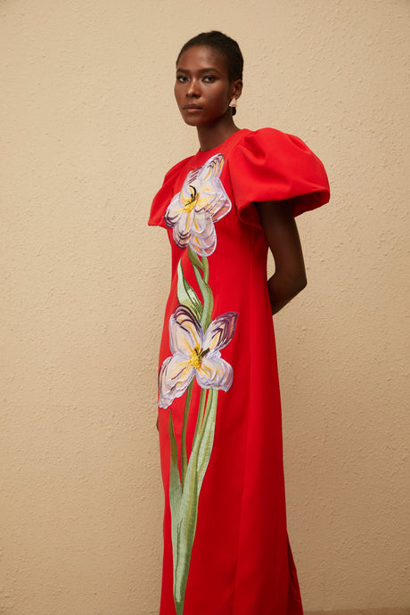 Aurohaya Irène Red Sequined Floral Embroidered Midi Dress