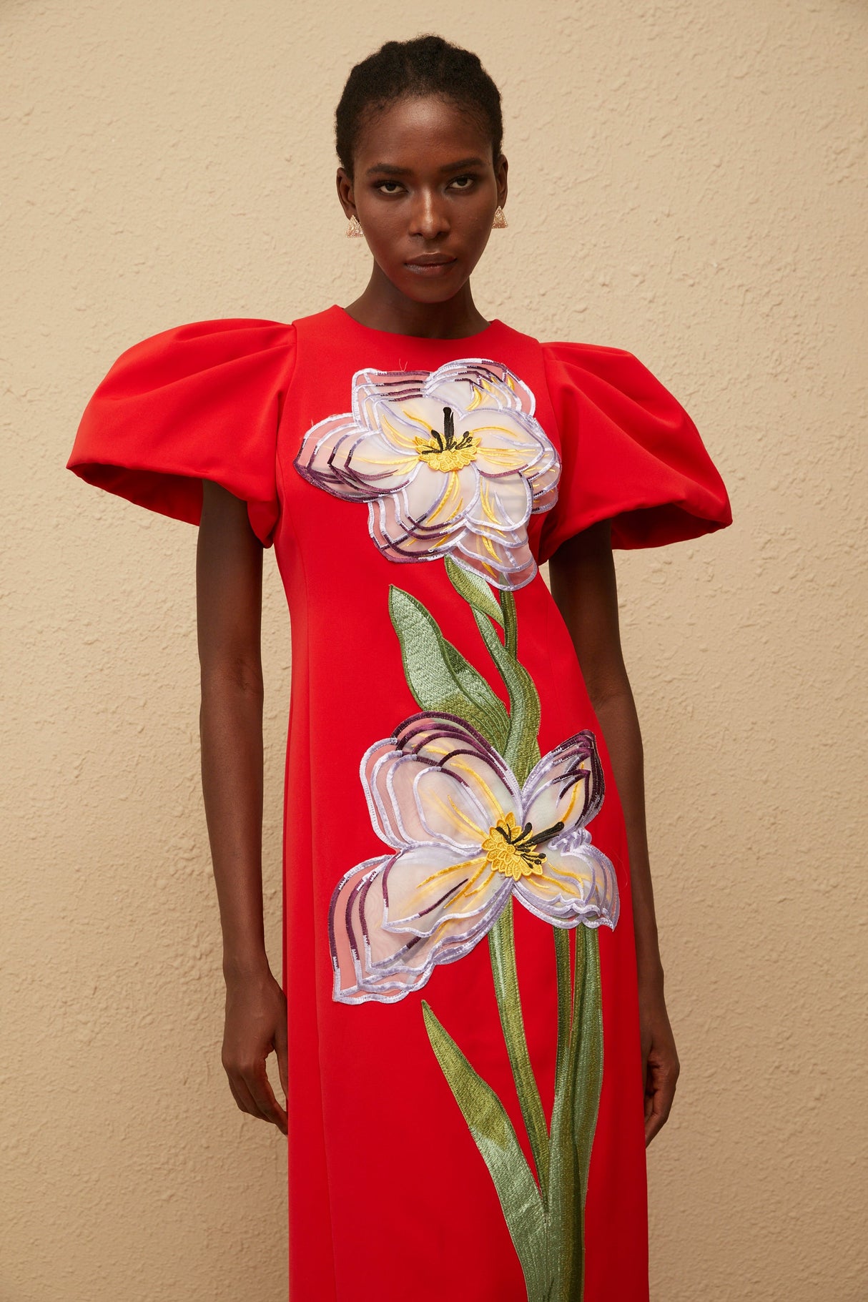 Aurohaya Irène Red Sequined Floral Embroidered Midi Dress