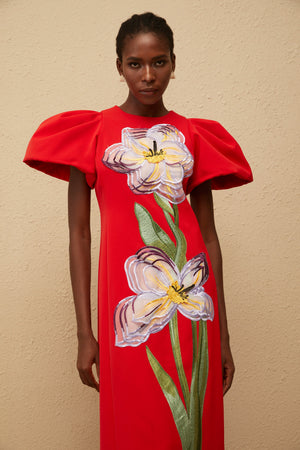 Aurohaya Irène Red Sequined Floral Embroidered Midi Dress