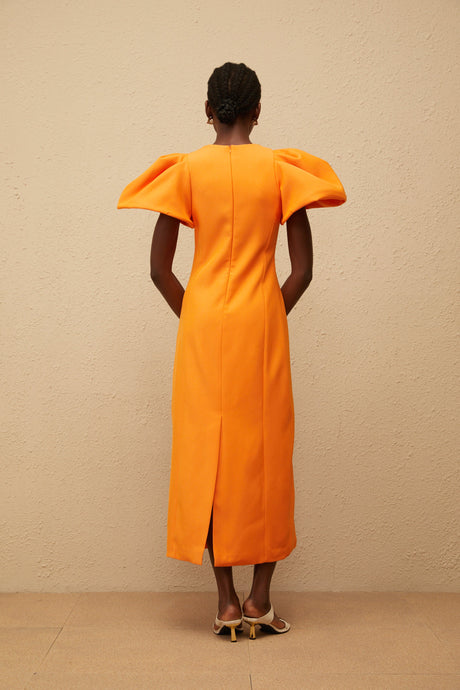 Aurohaya Yrjö Orange Floral Embroidered Midi Dress