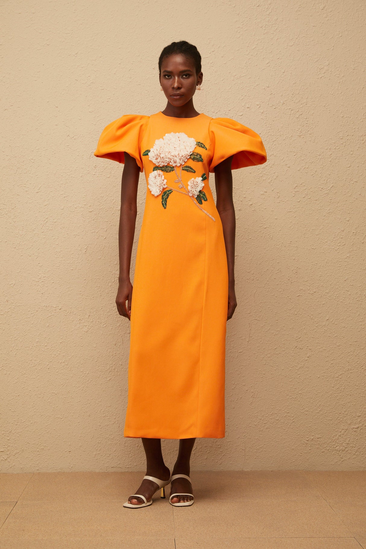 Aurohaya Yrjö Orange Floral Embroidered Midi Dress