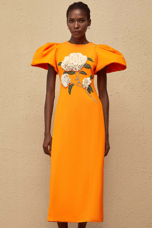 Aurohaya Yrjö Orange Floral Embroidered Midi Dress