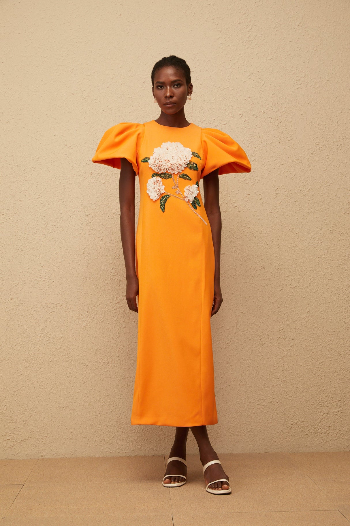 Aurohaya Yrjö Orange Floral Embroidered Midi Dress