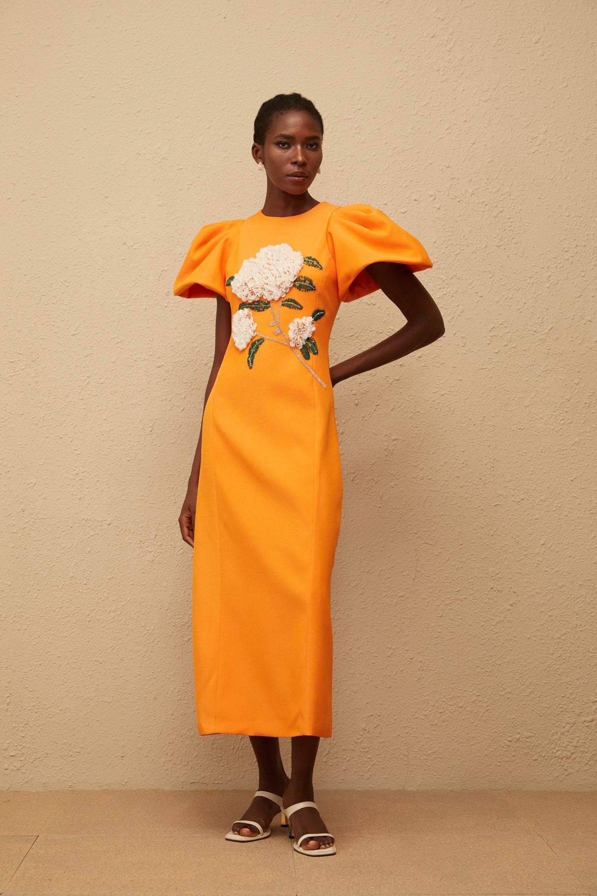 Aurohaya Yrjö Orange Floral Embroidered Midi Dress