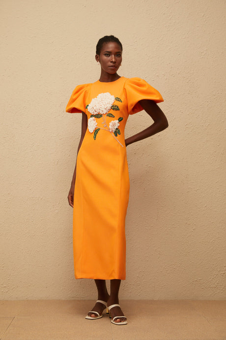 Aurohaya Yrjö Orange Floral Embroidered Midi Dress