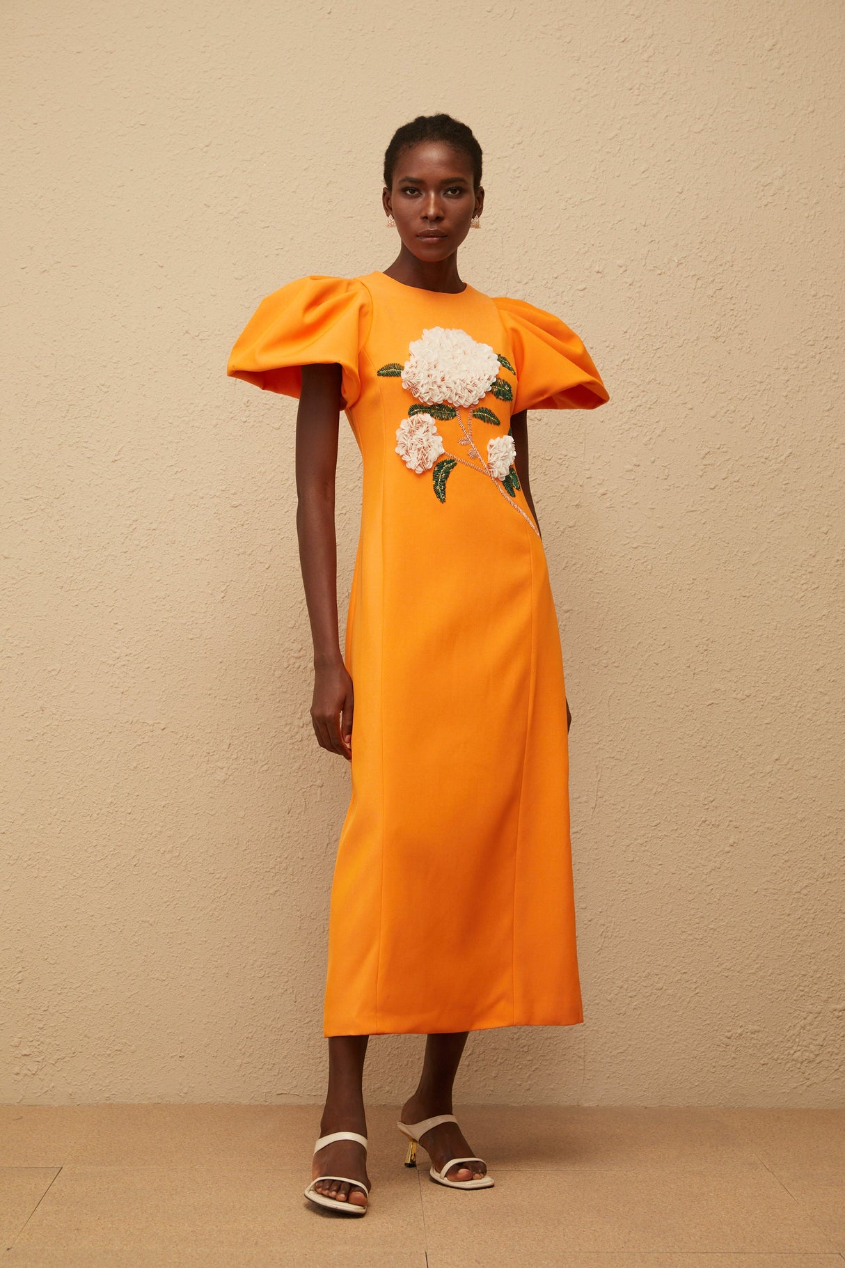 Aurohaya Yrjö Orange Floral Embroidered Midi Dress