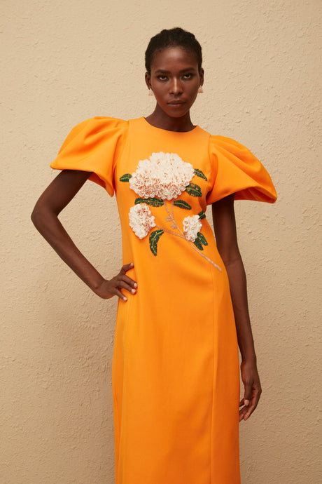 Aurohaya Yrjö Orange Floral Embroidered Midi Dress